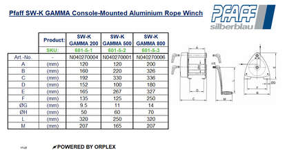 Pfaff SW-K GAMMA Console-Mounted Aluminium Rope Winch Dimensions Table with Diagrams