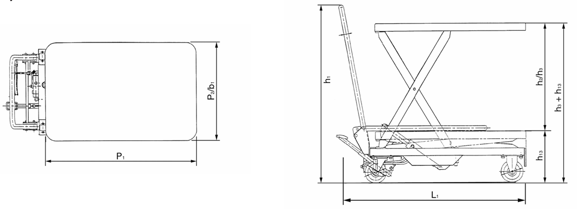 Technical Drawing of Pfaff HX Single Scissor Elevating Platform with dimensions labelled