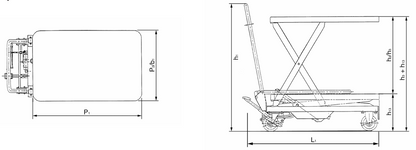 Technical Drawing of Pfaff HX Single Scissor Elevating Platform with dimensions labelled