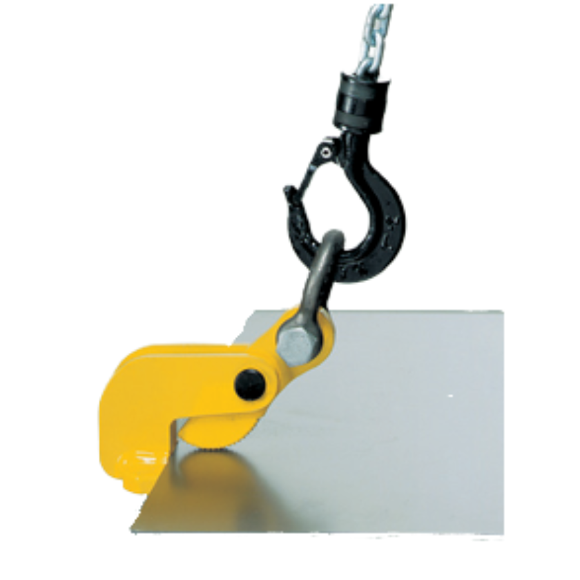 Yellow Camlok THK Thin Sheet Horizontal Plate Clamp in use