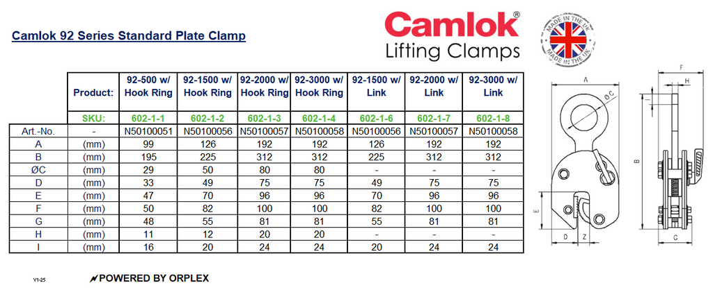 Camlok 92-2000kg Hook Ring Plate Clamp with Safety Lock - Dimensions