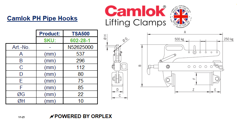 Camlok TSA 500kg Lightweight Block Grab Dimensions Table with Diagram