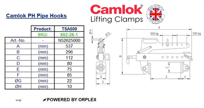 Camlok TSA 500kg Lightweight Block Grab Dimensions Table with Diagram
