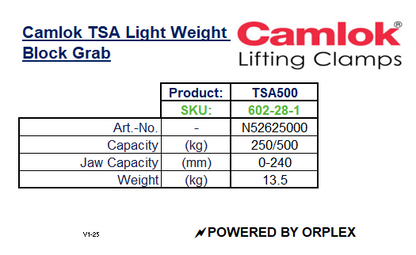 Camlok TSA 500kg Lightweight Block Grab Specification Table