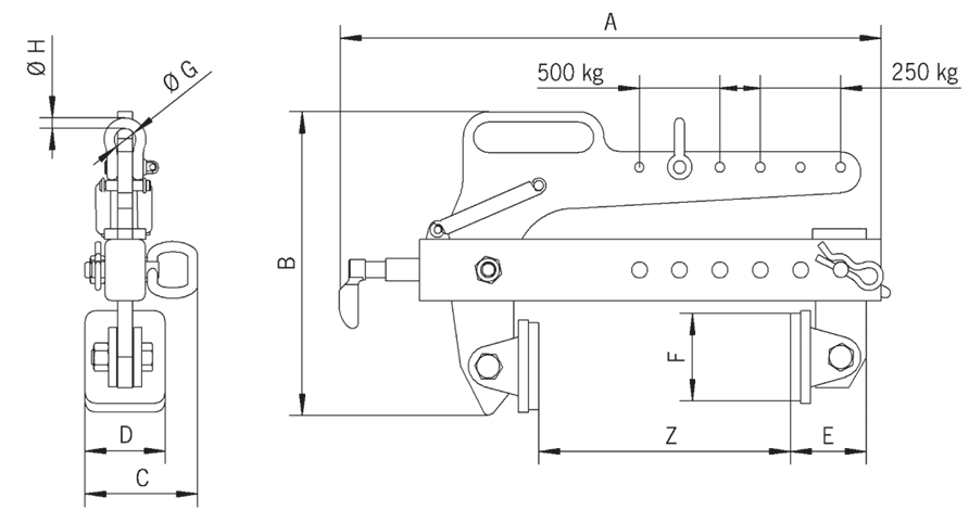 Technical drawing of Camlok TSA Lightweight block grab with dimensions and labels