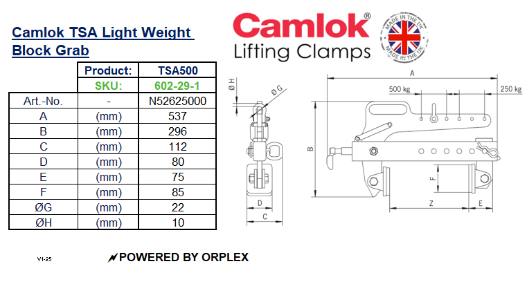 Table of Dimensions with Technical Drawing for Yellow Camlok TSA Lightweight Block Grab