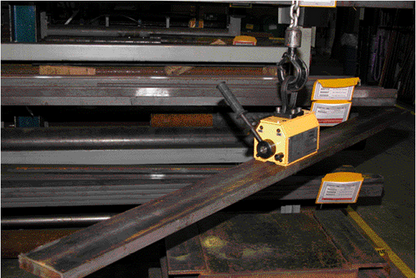 Yellow Camlok TPM Permanent Lifting Magnet in use