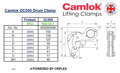 Table of dimensions with technical drawing for Yellow Camlok DC500 Drum Clamp