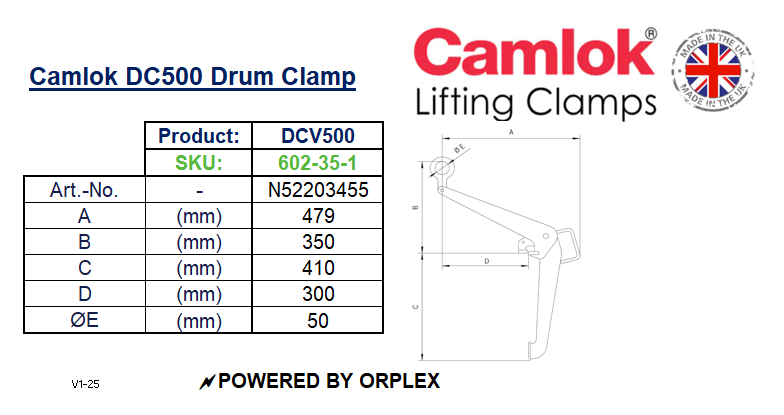 Camlok DCV500 Vertical Lift Drum Clamp Dimensions Table with Diagram