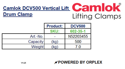 Camlok DCV500 Vertical Lift Drum Clamp Specification Table