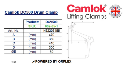 Table of dimensions with technical drawing for Yellow Camlok DCV500 Vertical Lift Drum Clamp