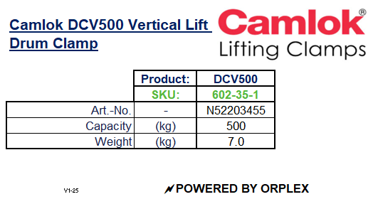 Technical Specifications table for Yellow Camlok DCV500 Vertical Lift Drum Clamp