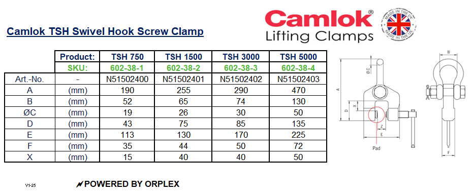Camlok TSH 1500kg Swivel Hook Screw Clamp - Dimensions