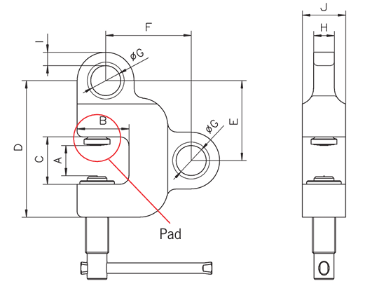 Technical drawing showing dimensions labelled for Yellow Camlok TSZ Two-way Screw Clamp
