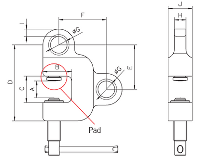 Technical drawing showing dimensions labelled for Yellow Camlok TSZ Two-way Screw Clamp