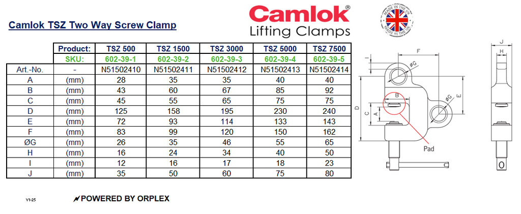 Camlok TSZ 500kg Two-Way Screw Clamp - Dimensions