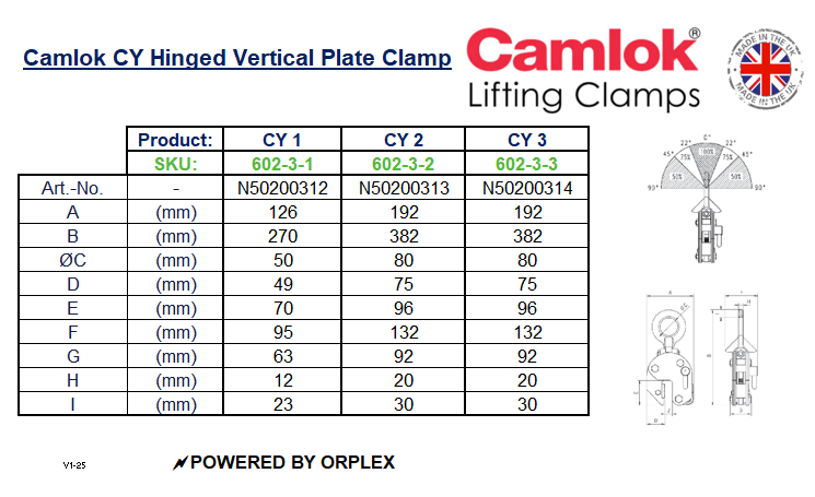 Table of Dimensions with Technical drawing for Yellow and Black Camlok CY Hinged Vertical Plate Clamp