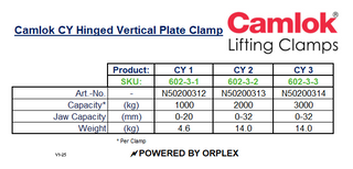 Camlok CY 3000kg Hinged Vertical Plate Clamp