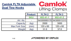 Camlok FLTH 2000kg Adjustable Dual Tine Hook