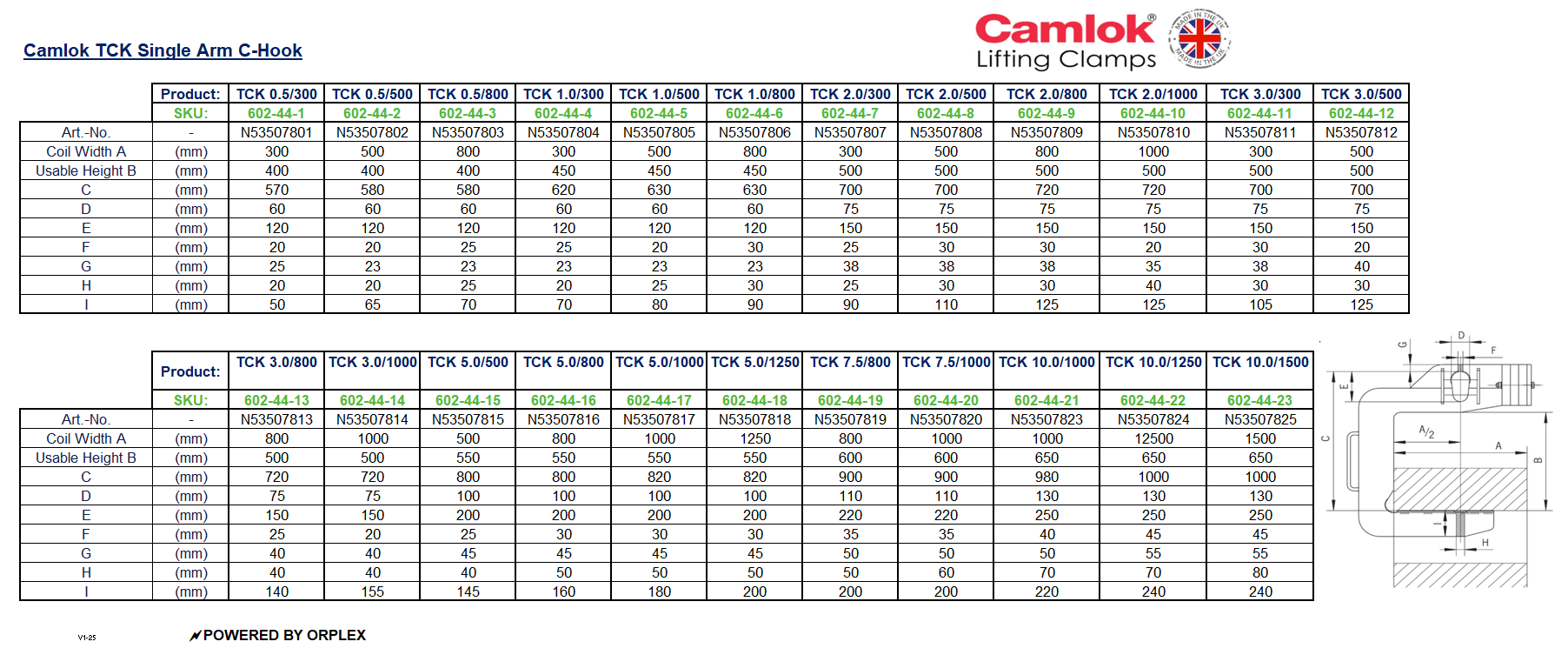Camlok TCK Single Arm C-Hook Dimensions Table with Diagram