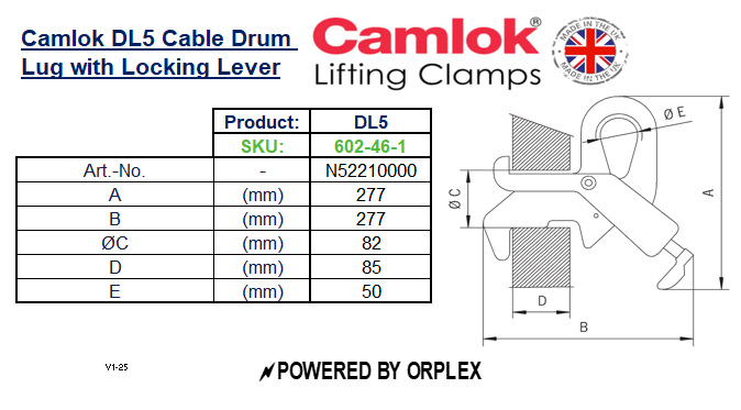 Table of Dimensions with Technical Drawing for Yellow and Black Camlok DL5 Cable Drum Lug with Locking Lever
