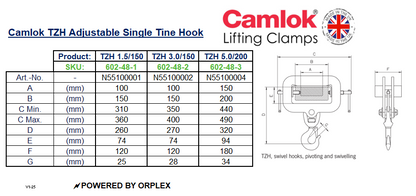 Table of Dimensions and Technical drawing for Yellow and Black Camlok TZH Adjustable Single Tine Hook
