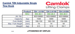 Camlok TZH 1500kg Adjustable Single Tine Hook