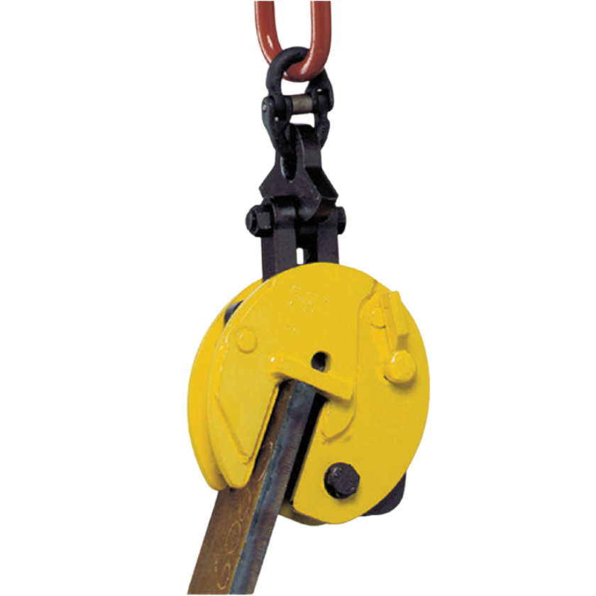 Yellow and Black Camlok CX Side Loading Vertical Plate Clamp in use