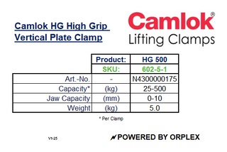 Camlok HG 500kg High Grip Vertical Plate Clamp