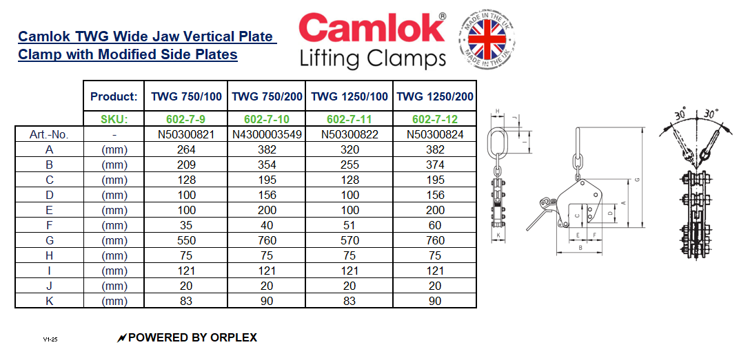 Table of Dimensions with Technical Drawing of Yellow and Black Camlok TWG Wide Jaw Vertical Plate Clamp with Modified Side Plates