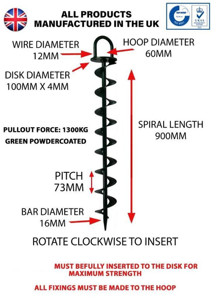 Spec for 900mm Heavy duty Green Powder coated Ground Anchor by Riggfix