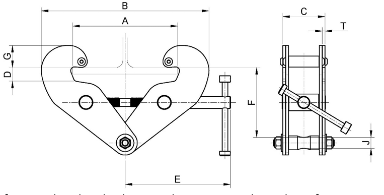Technical drawing of Tiger BC Heavy duty beam clamp with suspension bar