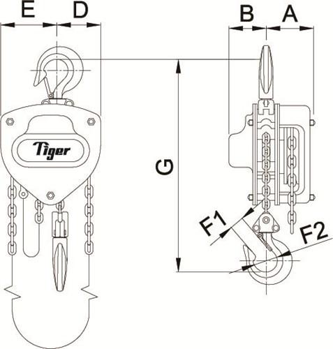 Technical drawing of TIGER CHAIN BLOCK  PROCB14, 5.0t CAPACITY Ref: 211-8