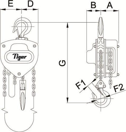 Technical drawing of TIGER CHAIN BLOCK  PROCB14, 5.0t CAPACITY Ref: 211-8