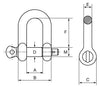 Cartec Grade 6 AISI 316L Dee Shackle with Screw Collar Pin Main Dimensions