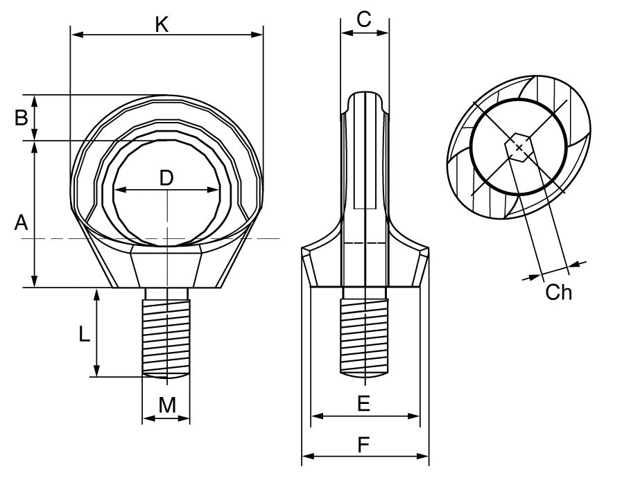 Cartec Grade 6 Stainless Steel AISI 316L Rotating Eyebolt main dimensions