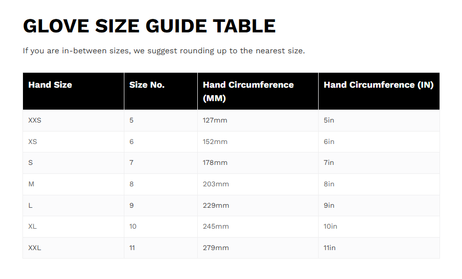 Dirty Rigger - Glove Size Guide