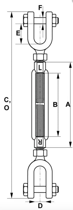 Drop Forged Turnbuckle Jaw/Jaw Main Dimensions from RiggingUK