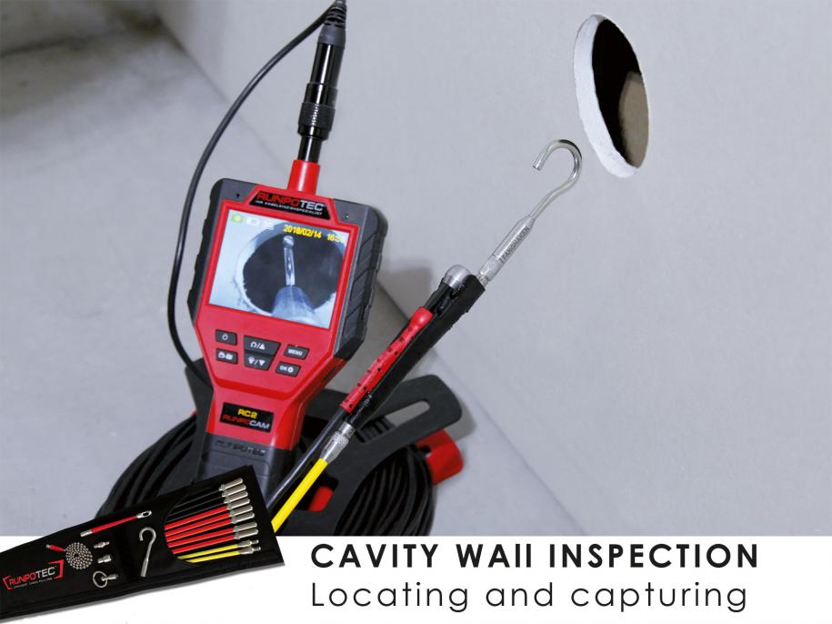 Red and Black RUNPOTEC - RUNPOCAM RC 2 Multi-function camera in use for cavity wall inspection