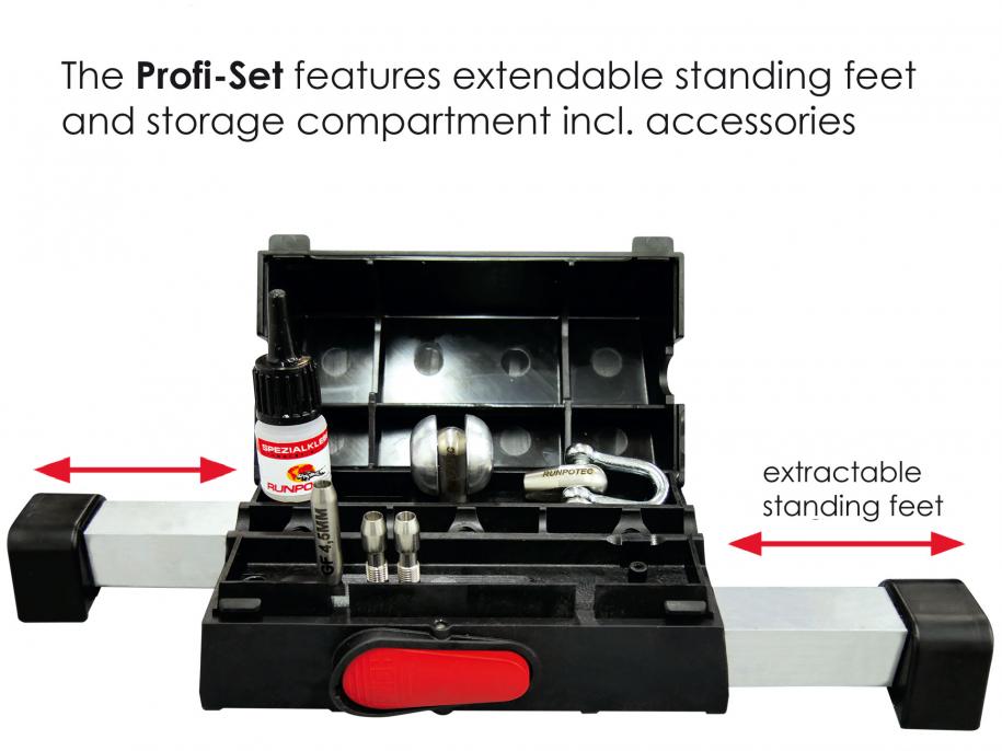 Extendable Standing feet and storage compartment including accessories for RUNPOTEC 4.5mm x 80m Fiberglass Rod with Steel Cage