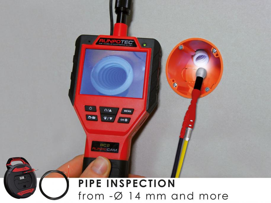 Red and Black RUNPOTEC - RUNPOCAM RC 2 Multi-function camera in use for pipe inspection