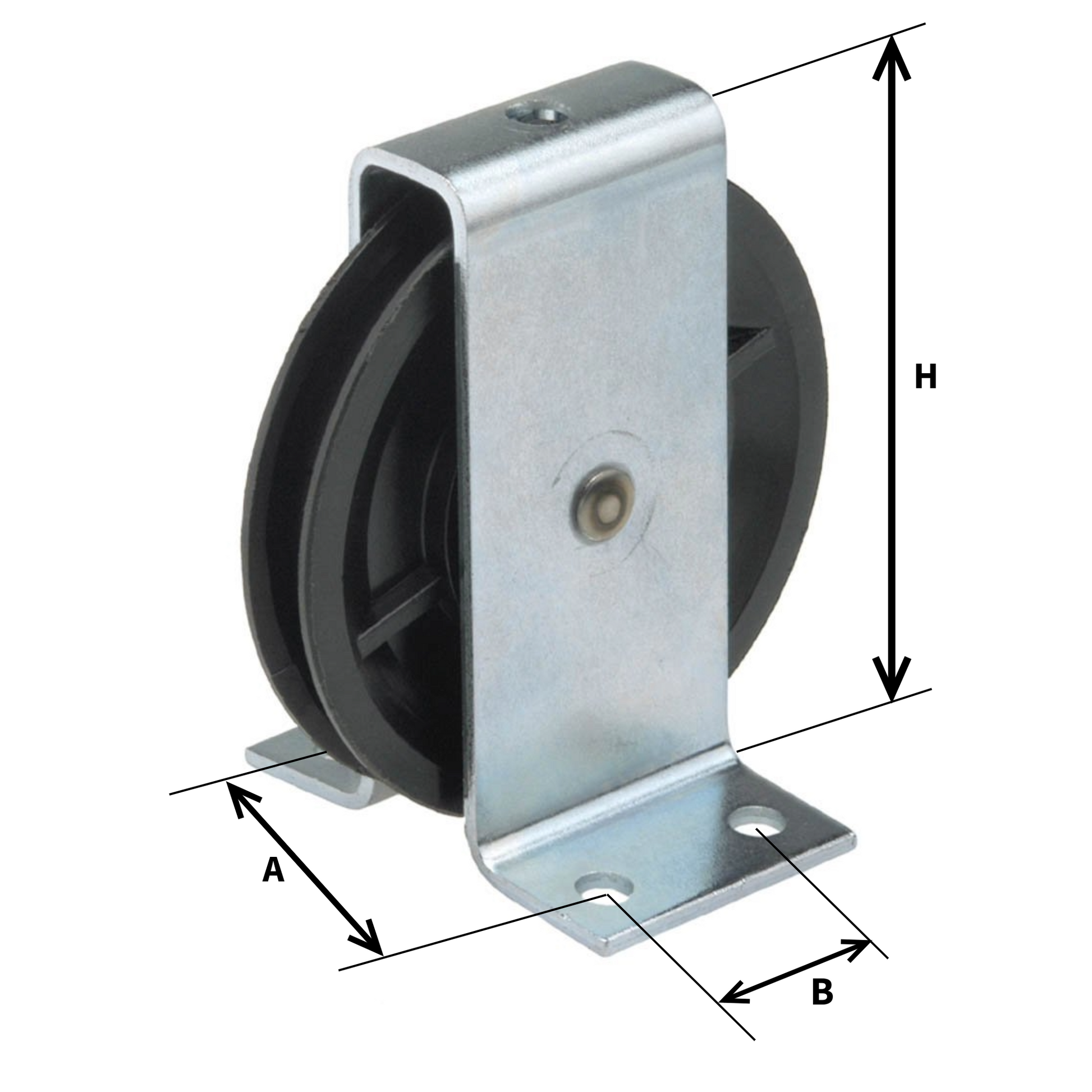 Labelled Dimensions of Webi ETT-116P Black Polyamide Pulley with Galvanised steel bracket 