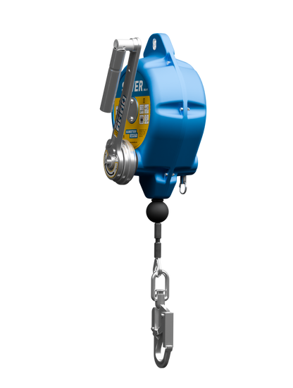 GLOBESTOCK - SAVER SRL-R - Length 14m - Galvanised Steel Rope side view showing handle