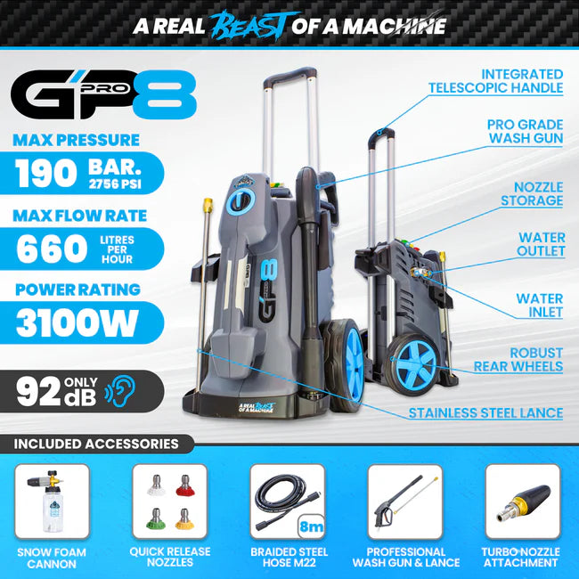 Gorilla Power GP8 - Semi-Professional Electric Pressure Washer - 190 Bar Max Pressure