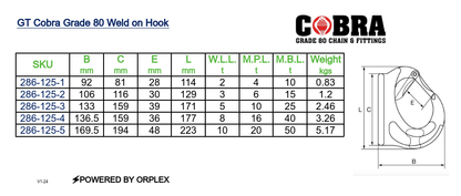 GT Cobra Grade 80 Weld on Hook Specification Table 286-125_V1-24