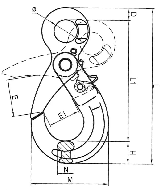 Grade 80 Clevis Auto Lock Hook Main Dims from RiggingUK