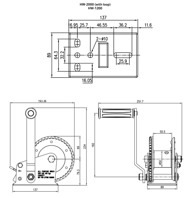 Technical drawing of tiger HW-2000 hand winch with loop drive (single and twin drum)