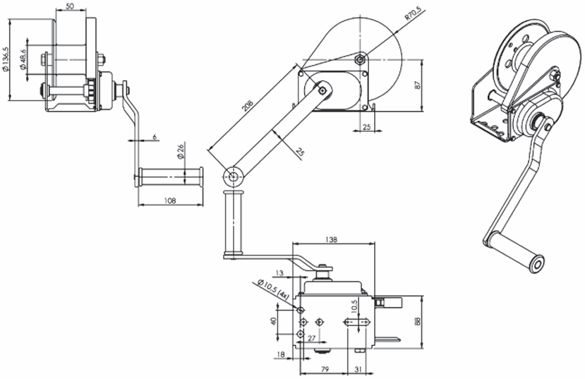 Technical Drawing with labelled dimensions of the Gebuwin HW200 spur gear winch