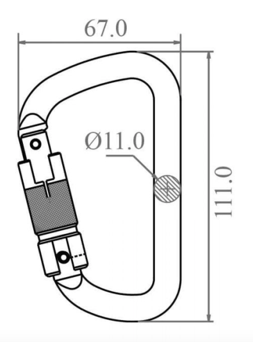 Kratos - Steel Triple Action Locking Karabiner - MBS 40 kN main dimensions from RiggingUK