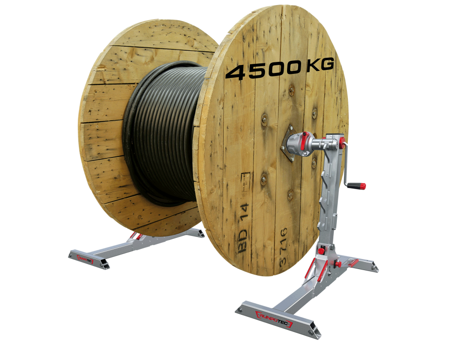 RUNPOTEC Silver and red  RUNPOLIFTER 4500 – 4.5t Cable Drum Lifter in use lifting a cable drum